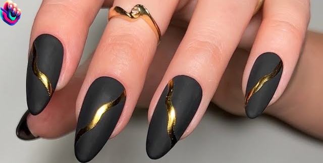 Glossy Black Nails with Gold Details